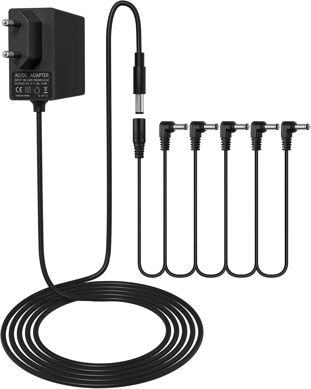 Detalle de 9 V 1 A nätadapter för gitarrpedaler med femvägs daisy chain-kabel