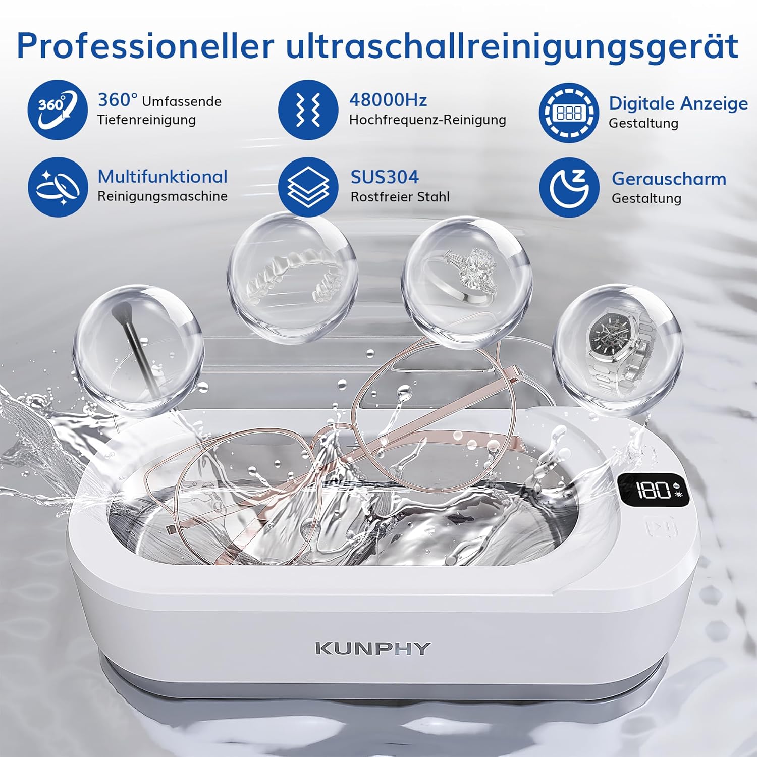 Kunphy Nettoyeur à ultrasons 48 kHz (350 ml) avec minuterie numérique pour lunettes, bijoux et petites pièces