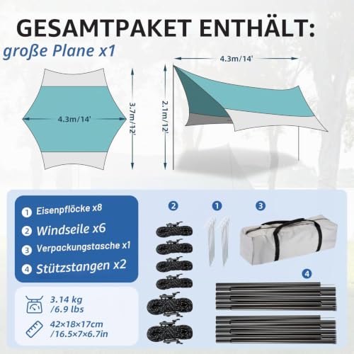 Detalle 2 de Forceatt Zeltplane 3,7 × 4,3 m – Ultraleichtes Tarp mit 6 Umreifungspunkten, UV-Schutz und Wasserdicht