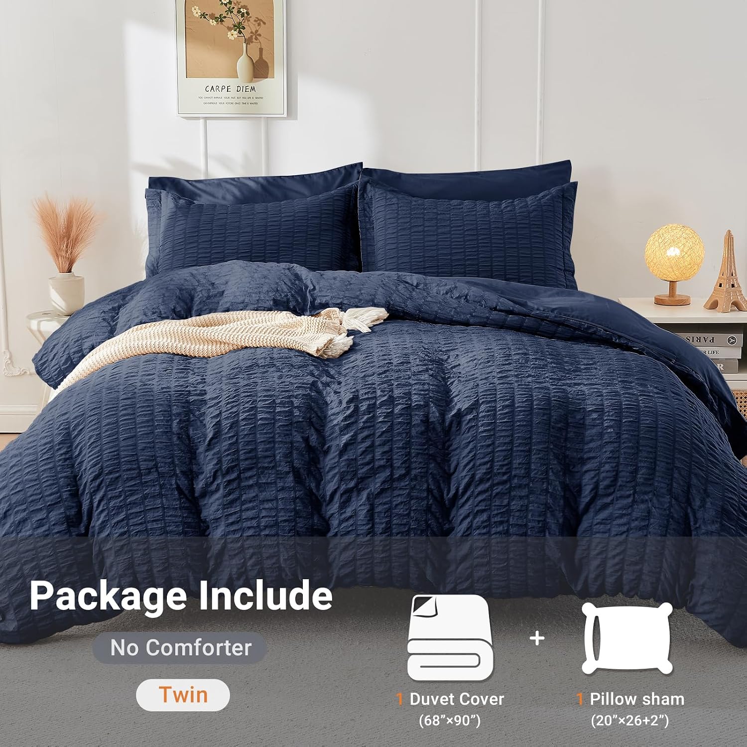 Detalle de HYMOKEGE Navy Blue Twin Seersucker Duvet Cover Set (2-Piece) with Zipper Closure and 8 Corner Ties