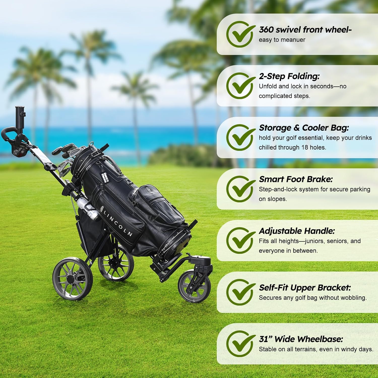 Detalle de Tedycatt 360 Golf Pull Cart: Lightweight 3-Wheel Folding Caddy