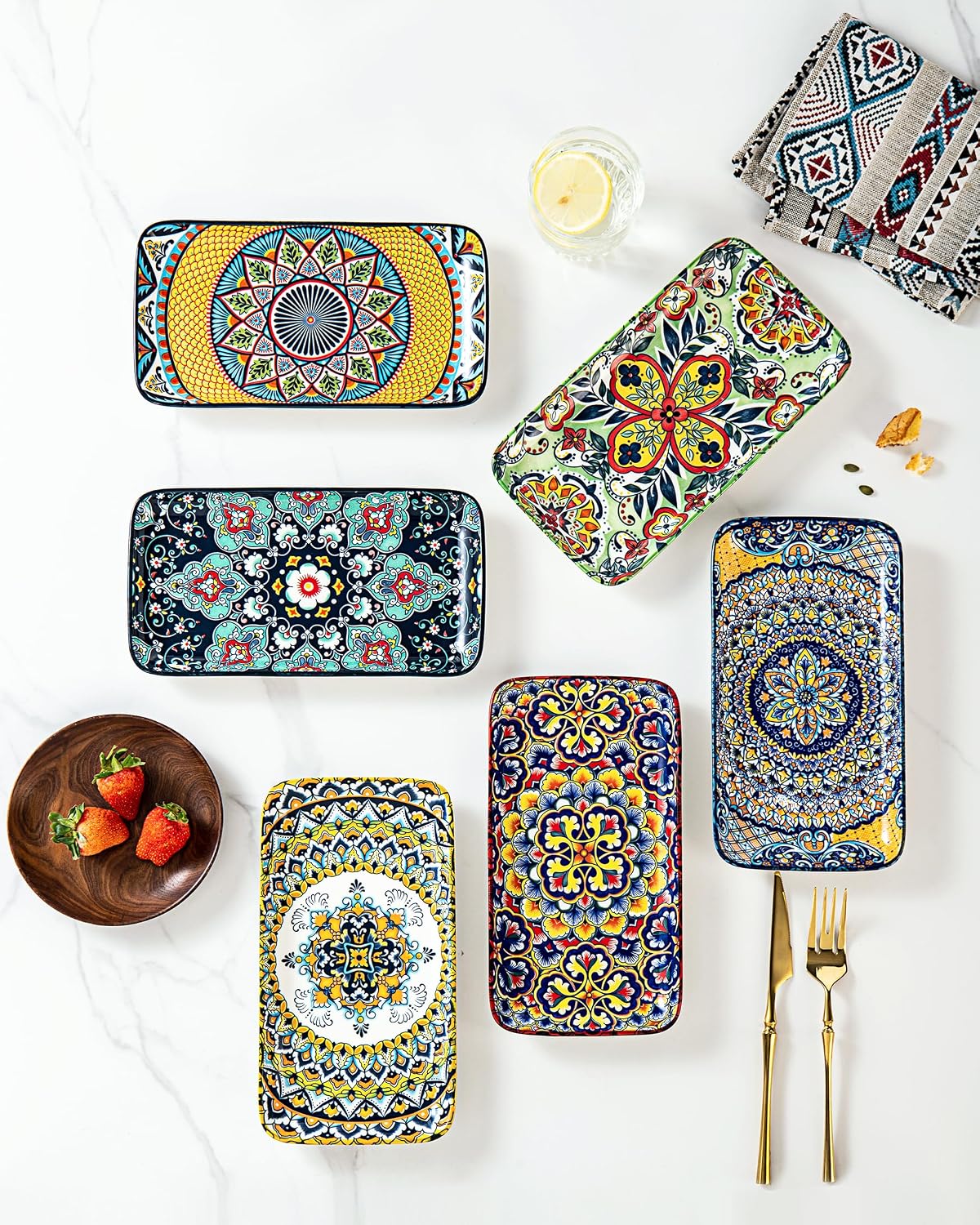 Detalle de HENXFEN LEAD Porcelain 10-Inch Rectangular Serving Plates – Bohemian Floral Colour Set