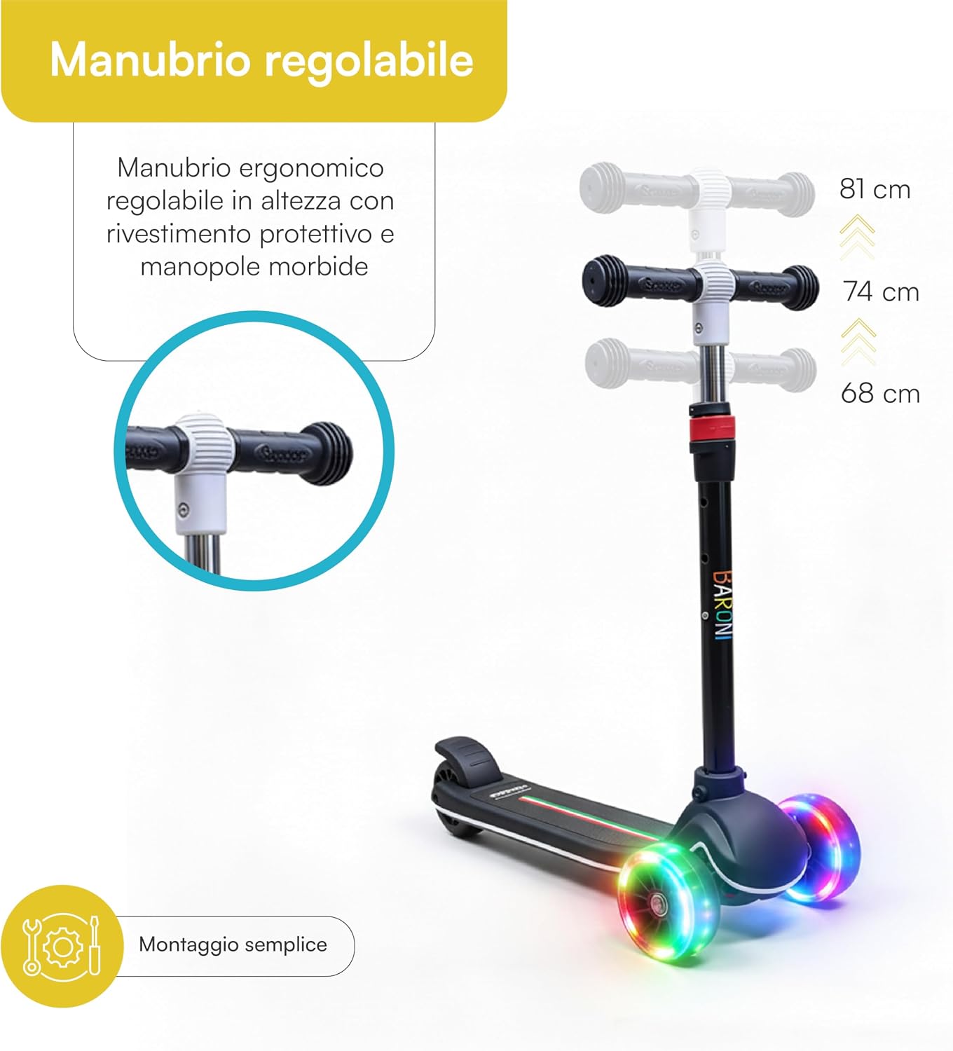 Thumbnail 3 de Baroni Toys Monopattino 3 Ruote per Bambini dai 3 Anni con Ruote LED e Altezza Regolabile