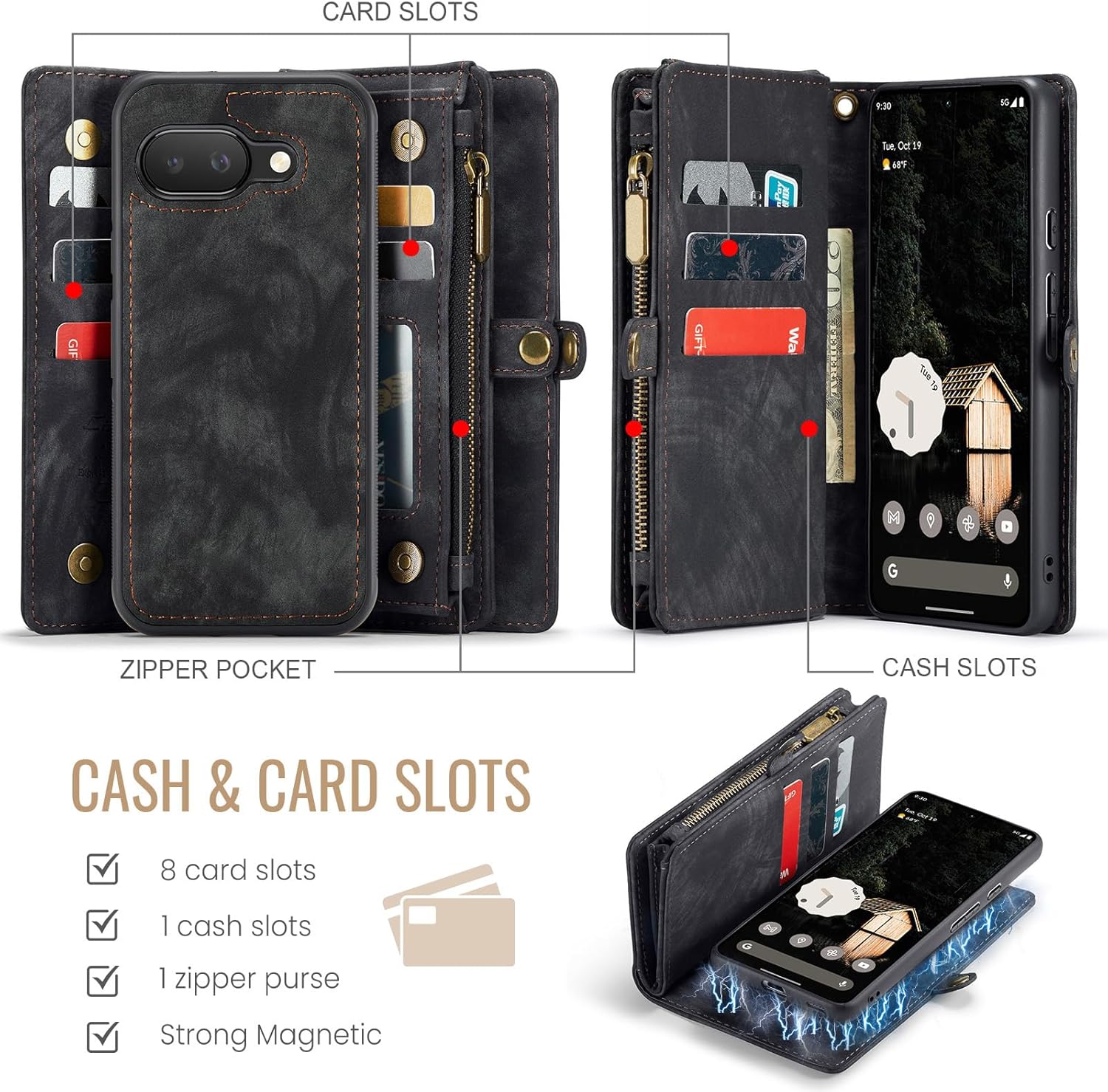 Thumbnail 1 de Phone Case for Google Pixel 9A with Zipper Wallet, Magnetic Detachable Cover and Tempered Glass Screen Protector