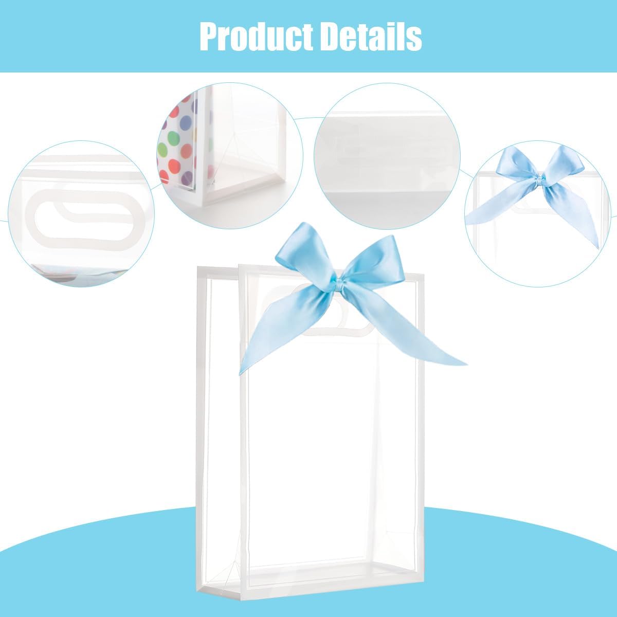 Detalle de Medium Gift Bags with Handle, 8 Pack – Clear PVC with Blue Ribbon Bow (Blue) for Festive Occasions
