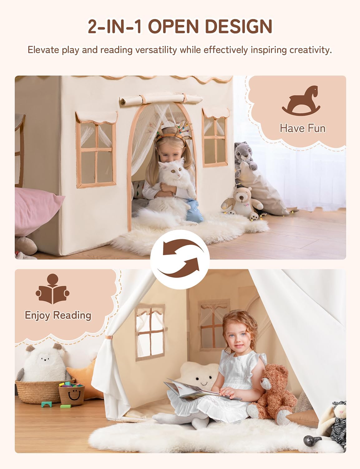 Detalle de Besrey Kids Play Tent 2 in 1 with Padded Mat and Lights (Large Indoor/Outdoor Playhouse) — Double-Door Toddler Tent