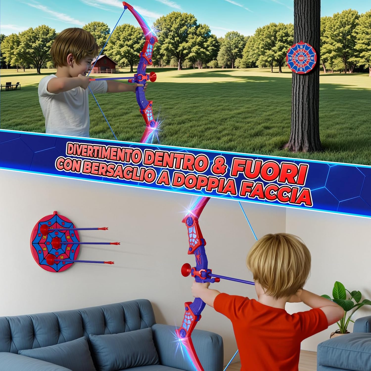 Thumbnail 3 de Set arco e frecce a ventosa con luci LED rosse e blu – Zainetto supercool e bersaglio doppio per bambini 3-12 anni