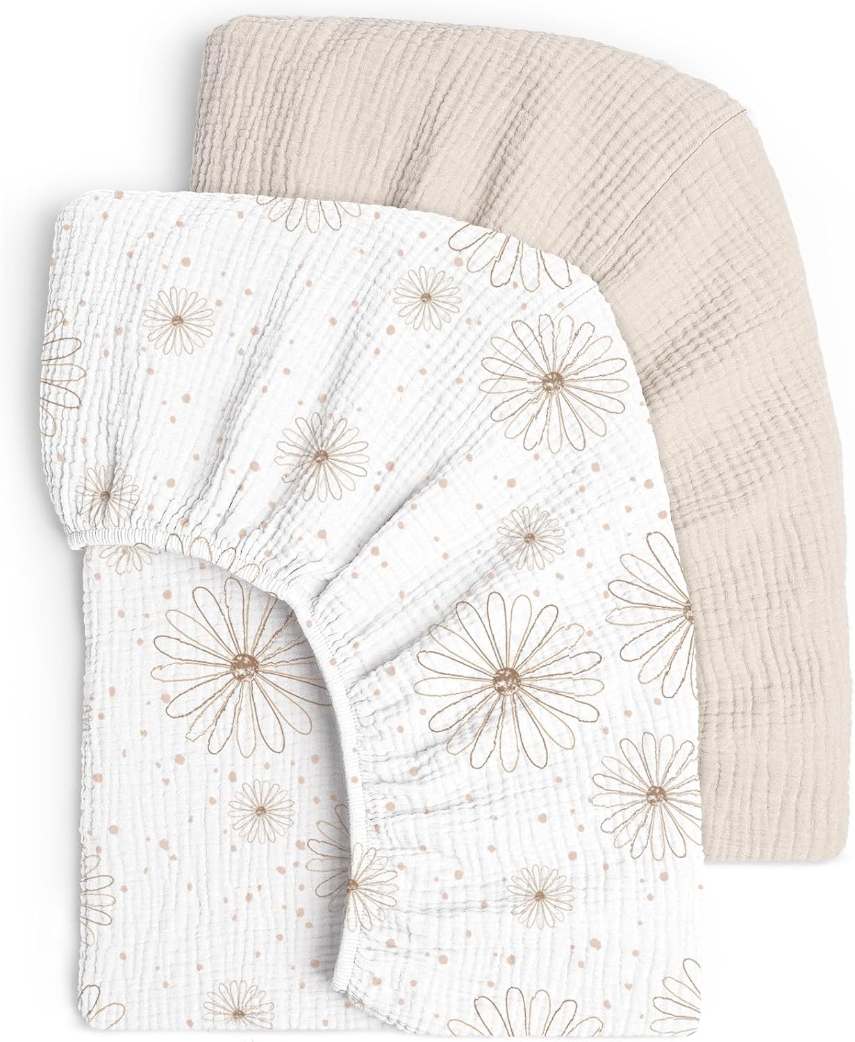 Detalle de lulumoon 2er Pack Musselin-Spannbettlaken für Babybett & Reisebett (60x120/70x140 cm) – Gänseblümchen Weiß