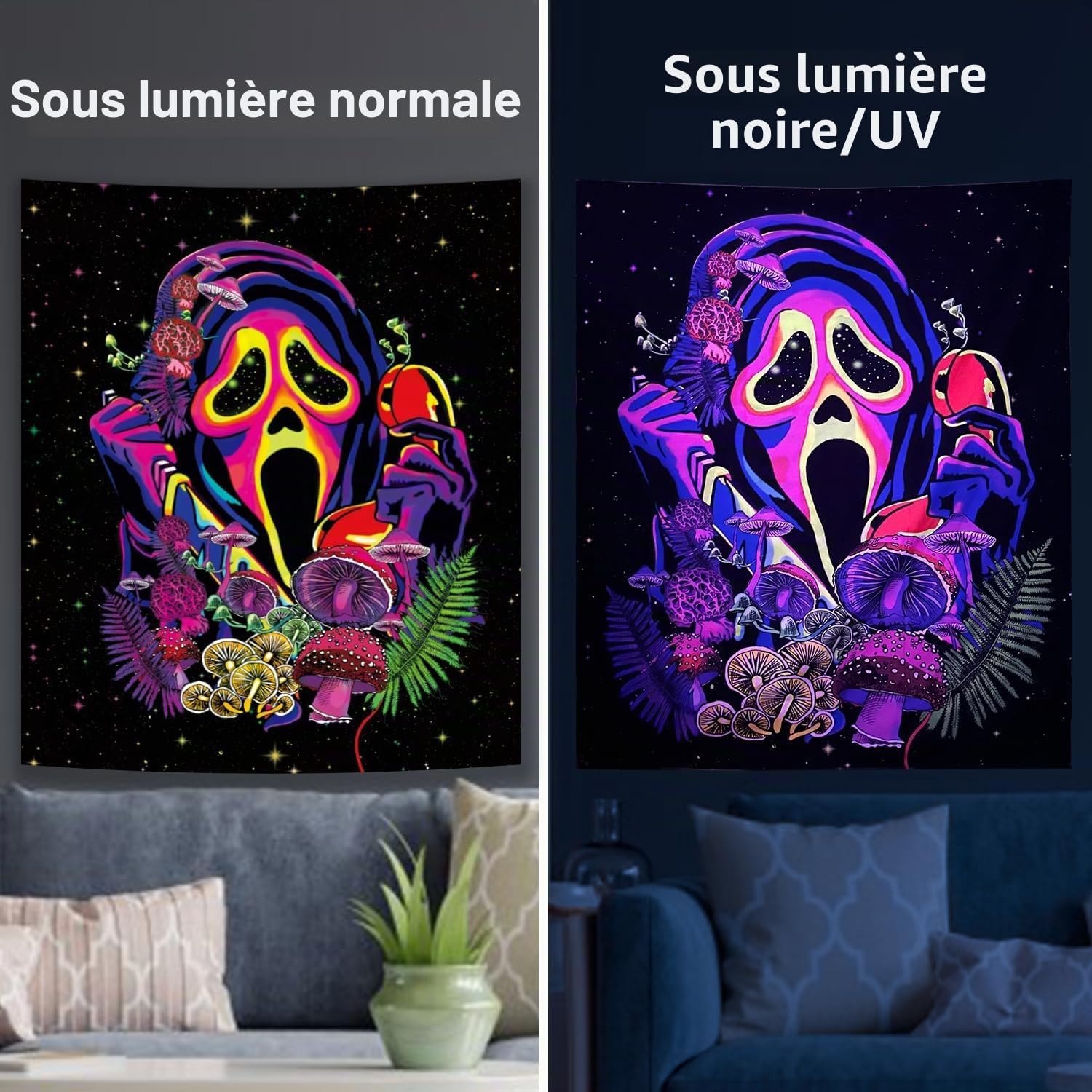 Detalle 2 de Cyiecw wandtapijt 150 x 130 cm met UV-reactieve paddenstoelenprint