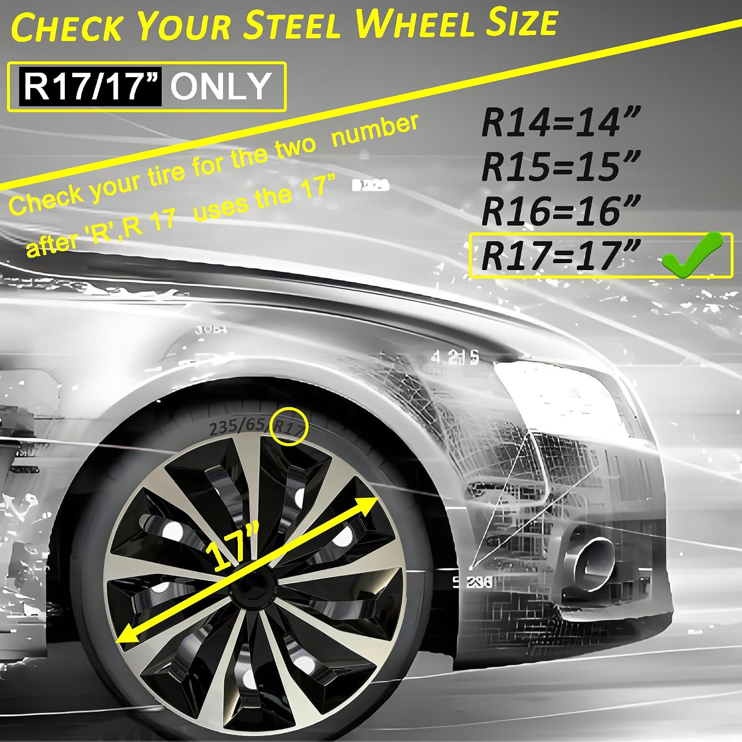 Thumbnail 1 de Hubcap Wheel Cover Replacement R17 Hub Caps Universal-Fit for 17-Inch Steel Wheels (Set of 4) – Silver-Black