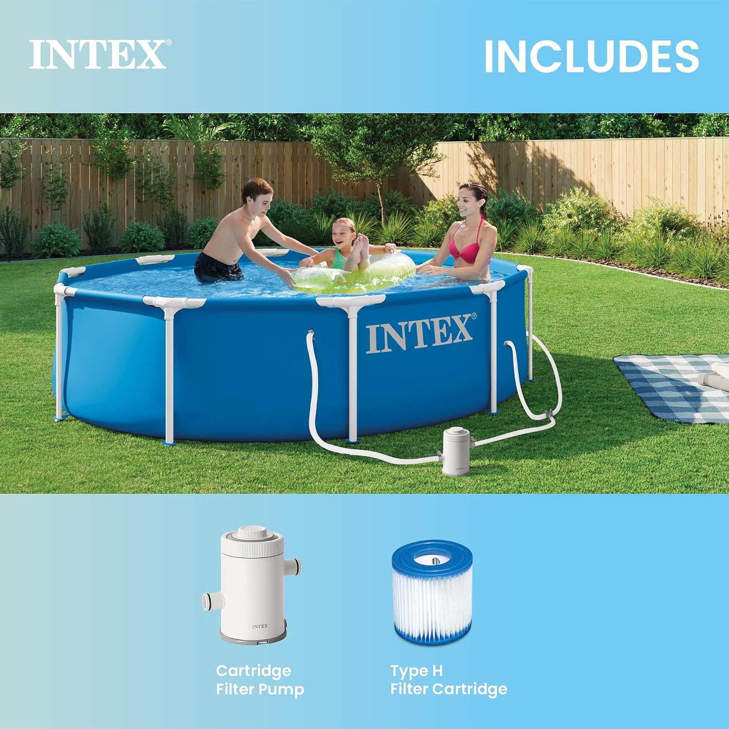 Detalle 1 de Intex 10 ft x 30 in Metal Frame Above Ground Pool Set (28201EP) with 330 GPH Cartridge Filter Pump