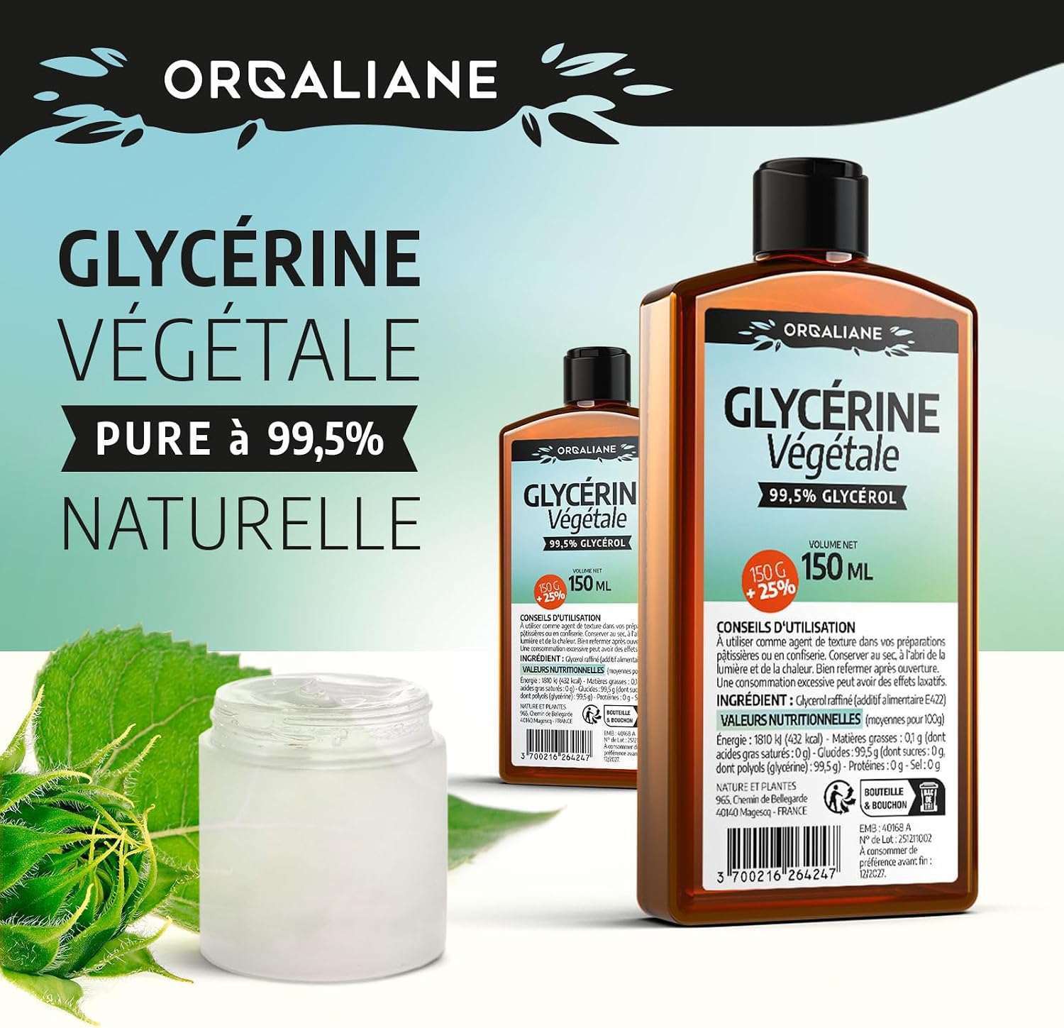 Detalle 2 de Orgaliane Glycérine Végétale 1,25 kg, 100 % végétale et alimentaire