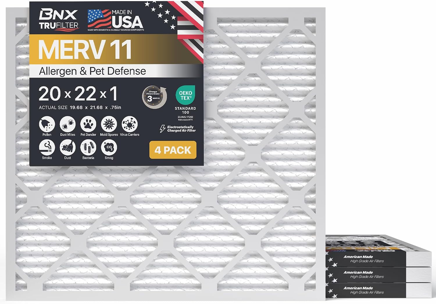 Thumbnail 6 de BNX TruFilter MERV 11 20x20x1 Air Filter (19 11/16 x 19 11/16 x 3/4) - 6-Pack, Allergen Defense Electrostatic Pleated