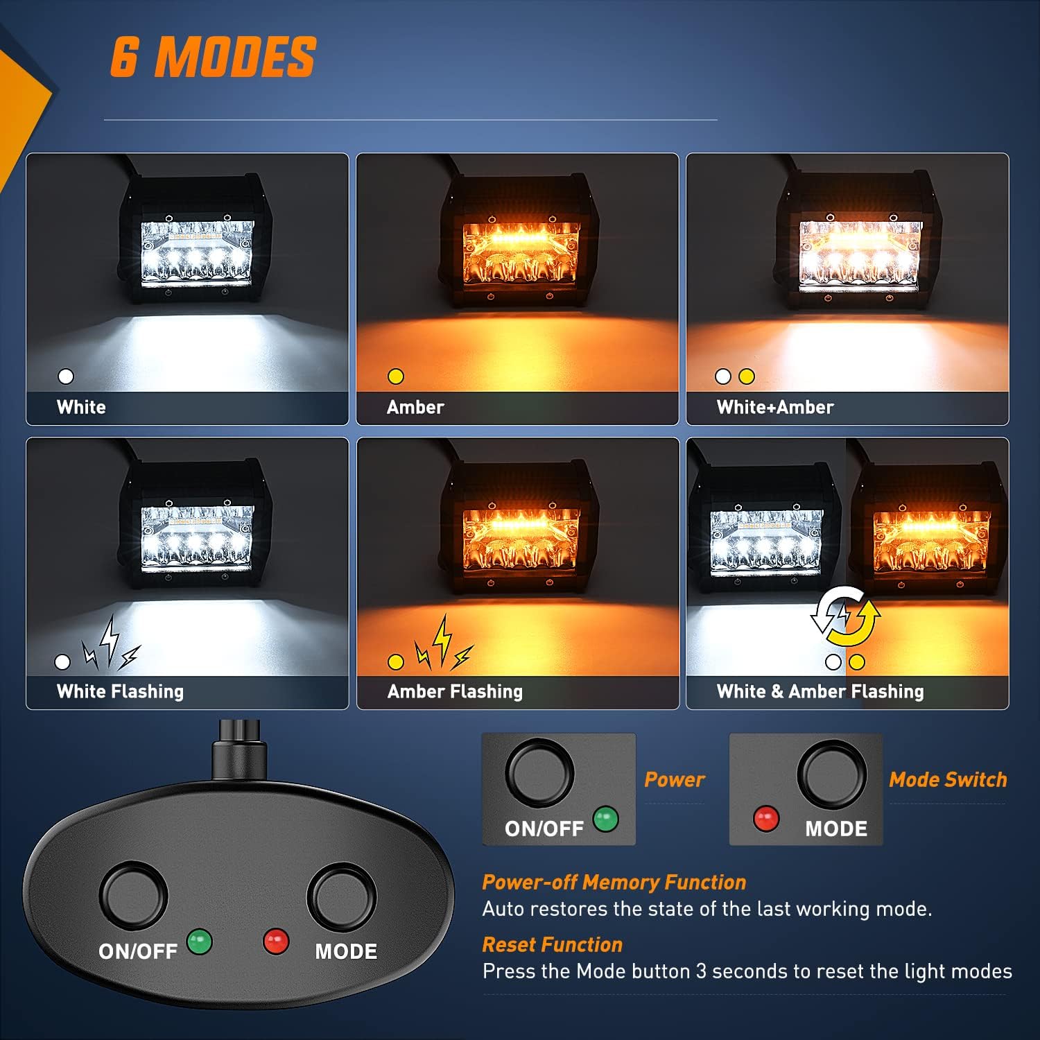 Detalle de Nilight 2PCS 4-Inch 60W LED Pods (Amber/White) with 6 Modes & Memory Function + 16AWG Wiring Harness Kit
