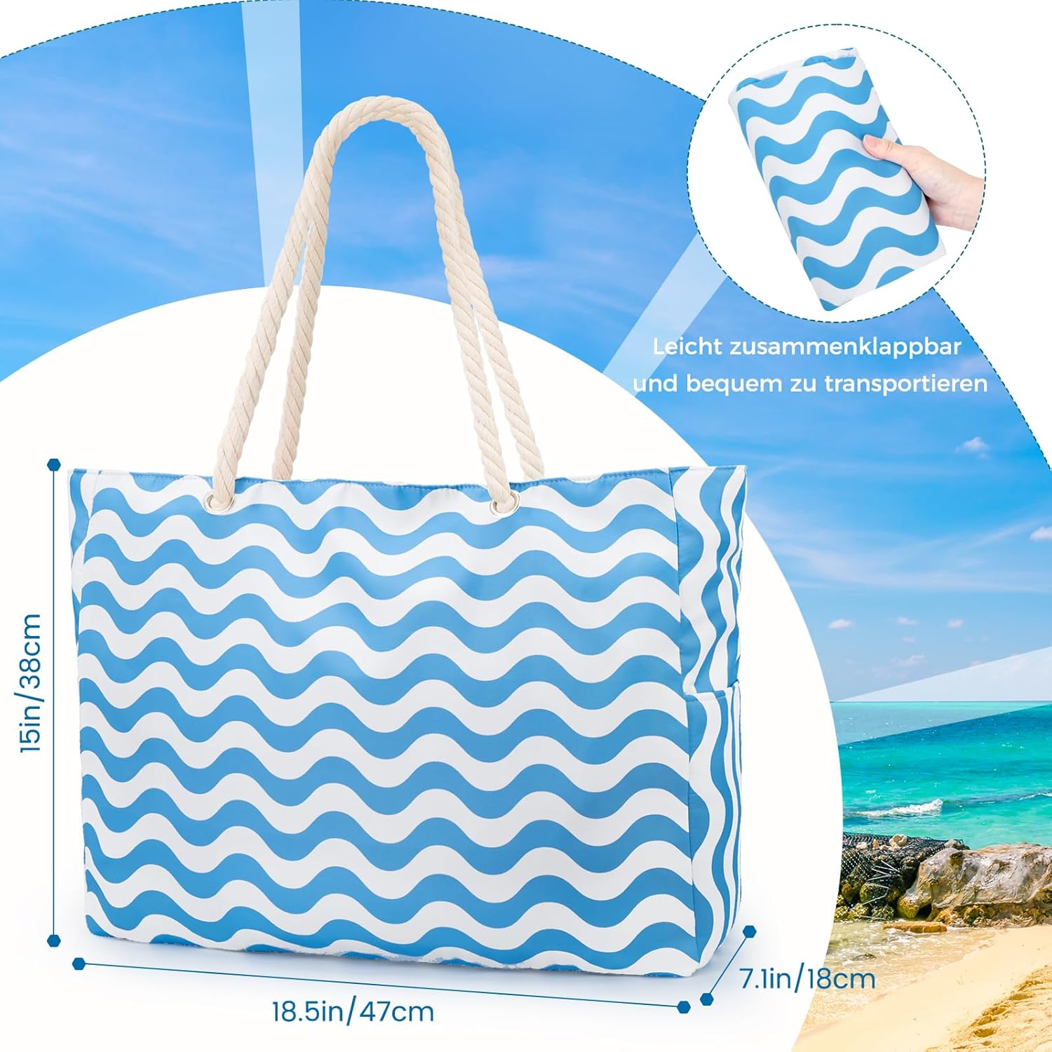 Detalle 2 de benpen Strandtasche XXL – Große faltbare Badetasche mit Reißverschluss für Familie