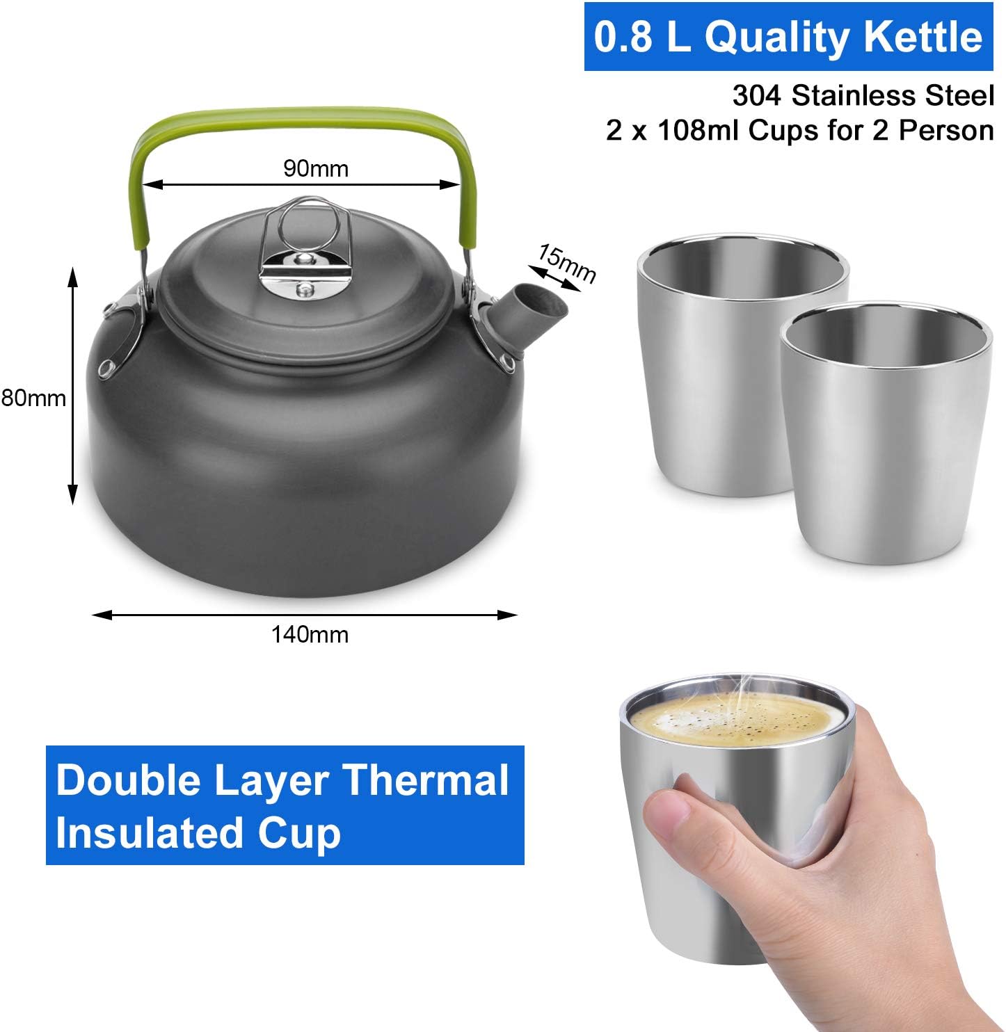 Detalle 2 de Odoland Geschirr-Set für 1-2 Personen – Camping Kocher-Set aus Edelstahl/Aluminium, tragbar