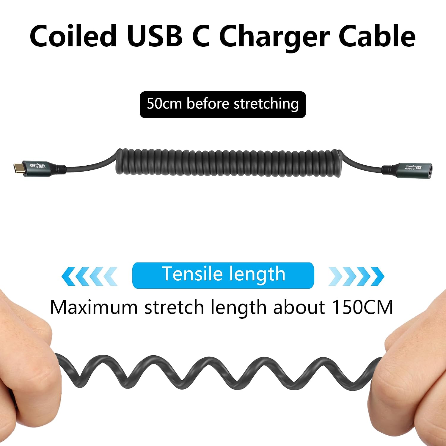 Thumbnail 6 de RIIEYOCA Coiled USB C to USB C Extension Cable – 100W PD, 20Gbps, 1.5m, 8K60, for Cars, Bicycles and Office