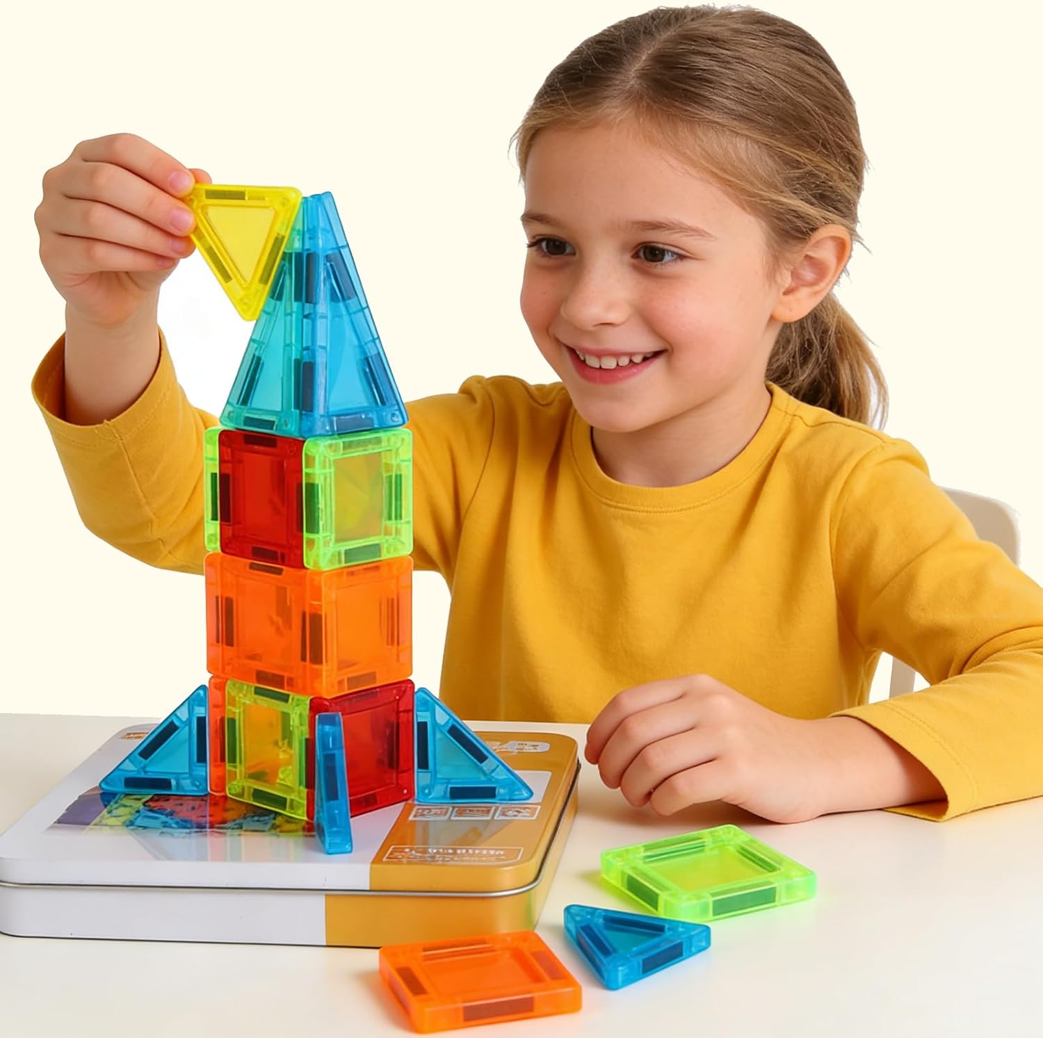 Detalle de MEESHEEP 56PCS Mini Magnetic Tiles with Tin – Travel-Ready Educational Building Set
