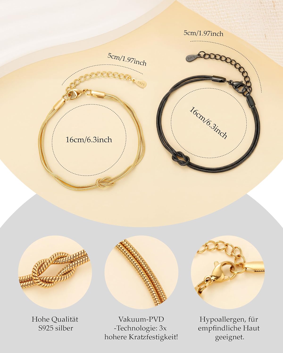 Thumbnail 4 de 2er-Set Freundschaftsarmbänder aus 925 Silber & 14K Knoten-Design – verstellbar als Geschenk für Paare und Freunde