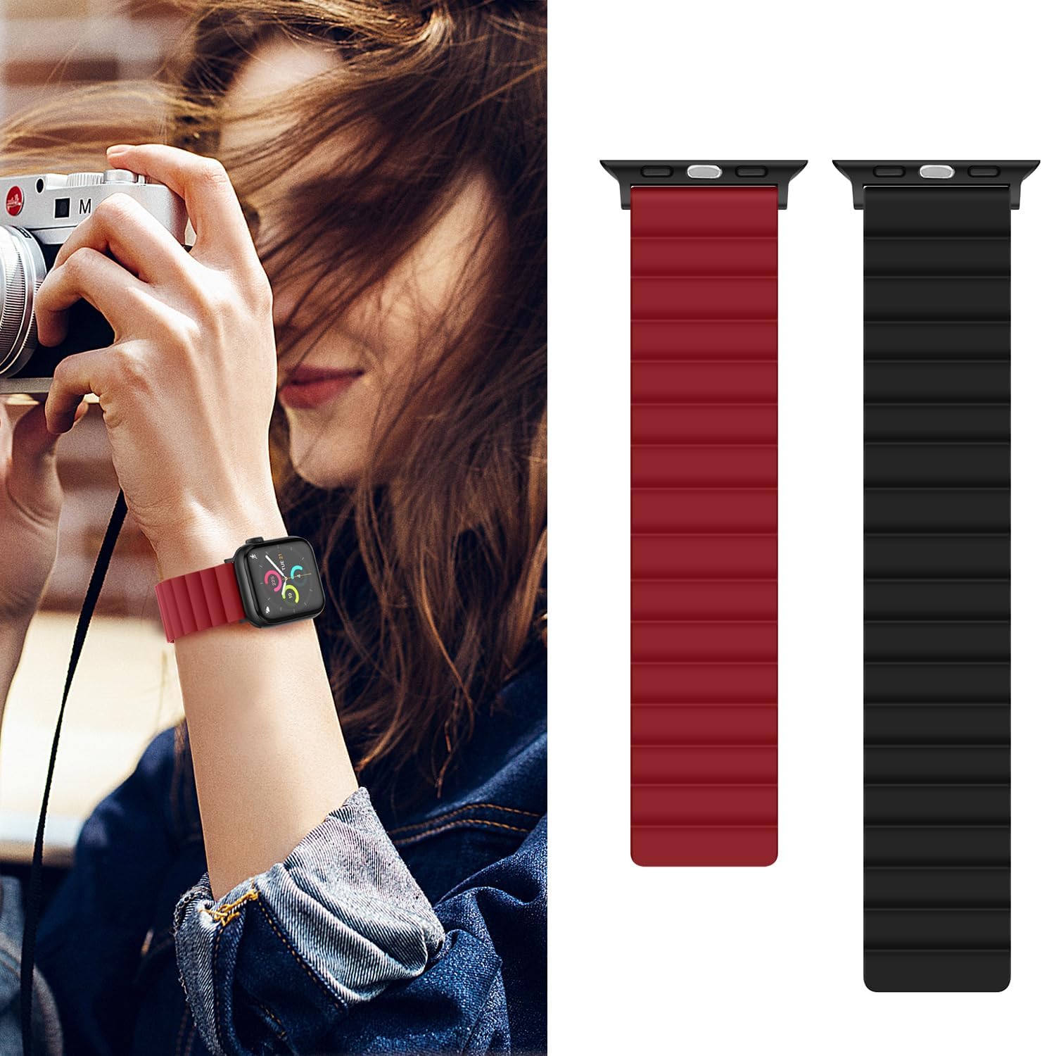 Thumbnail 5 de Anlinser Magnetic Straps double-sided reversible silicone band for Apple Watch 49/46/45/44/42/41/40mm (Red/Black)
