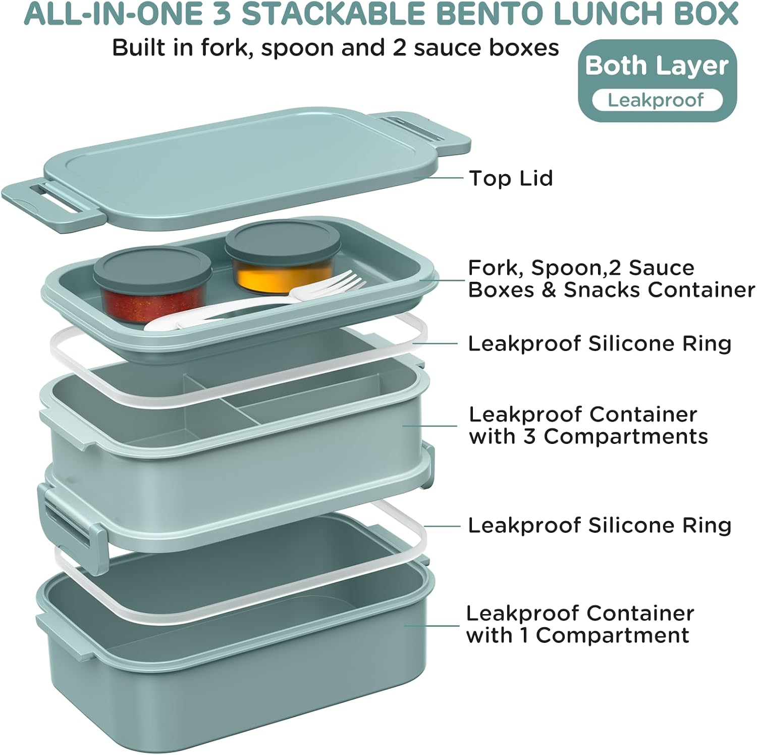 Detalle de WayEee lunchbox voor volwassenen, 2130 ml, 3 vakken, lekbestendig, groen