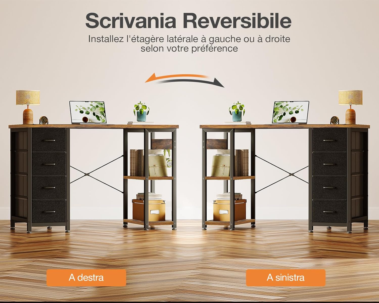 Thumbnail 6 de Coleshome Piccola Scrivania con 4 cassetti in tessuto – 100x40 cm, ripiani reversibili, supporto per cuffie, marrone