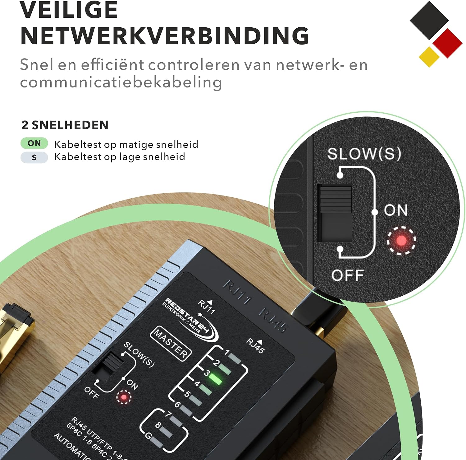 Detalle de RedStar24 RS-Netzwerktester LAN-kabeltester voor RJ11, RJ12 en RJ45 met ledcontrole