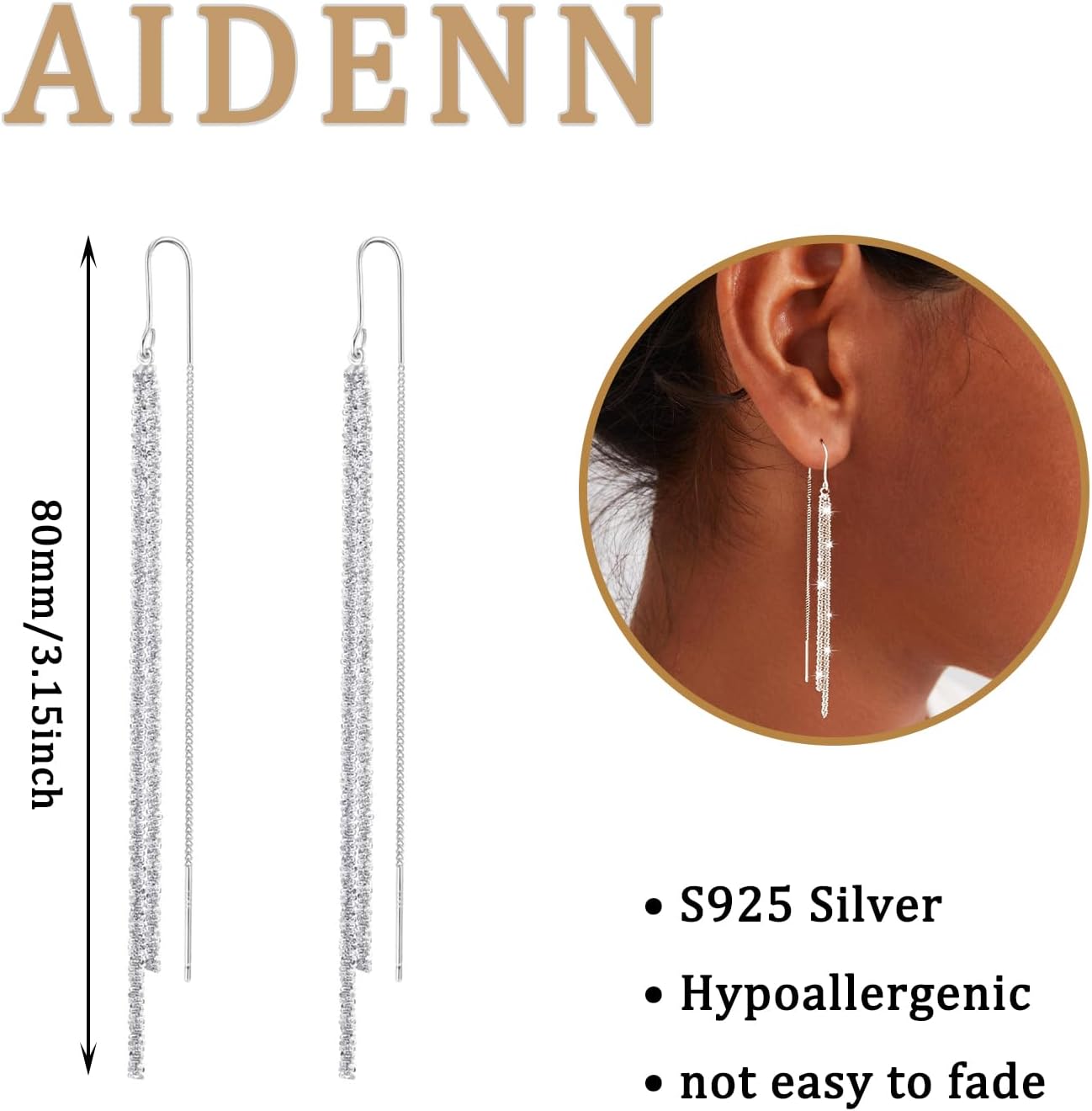 Thumbnail 5 de Aidenn Ohrringe Silber 925 Hängend mit Zirkonia & Quasten – lange Pendel-Ohrringe für Damen
