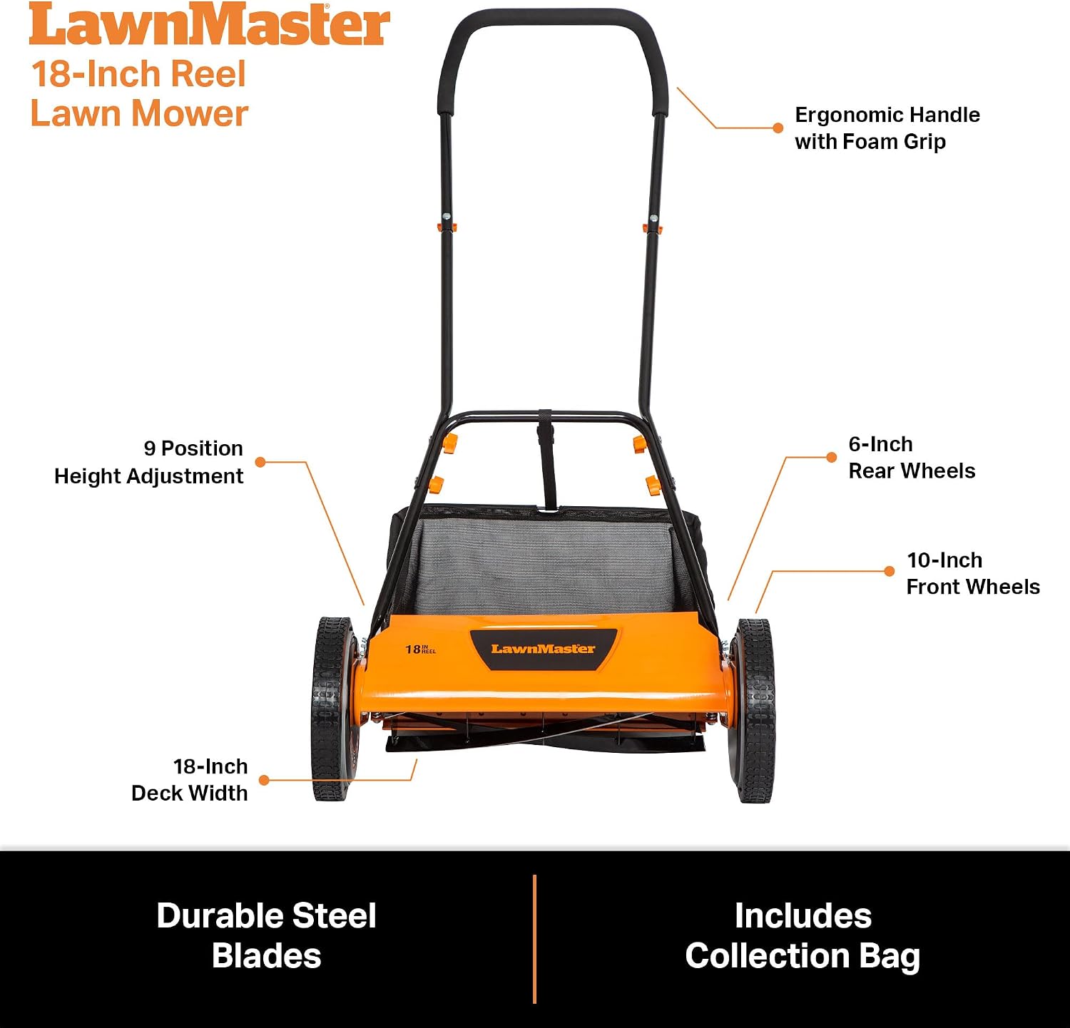 Thumbnail 6 de LawnMaster LMRM1801.01 Push Reel Lawn Mower, 18-Inch, 5-Blade