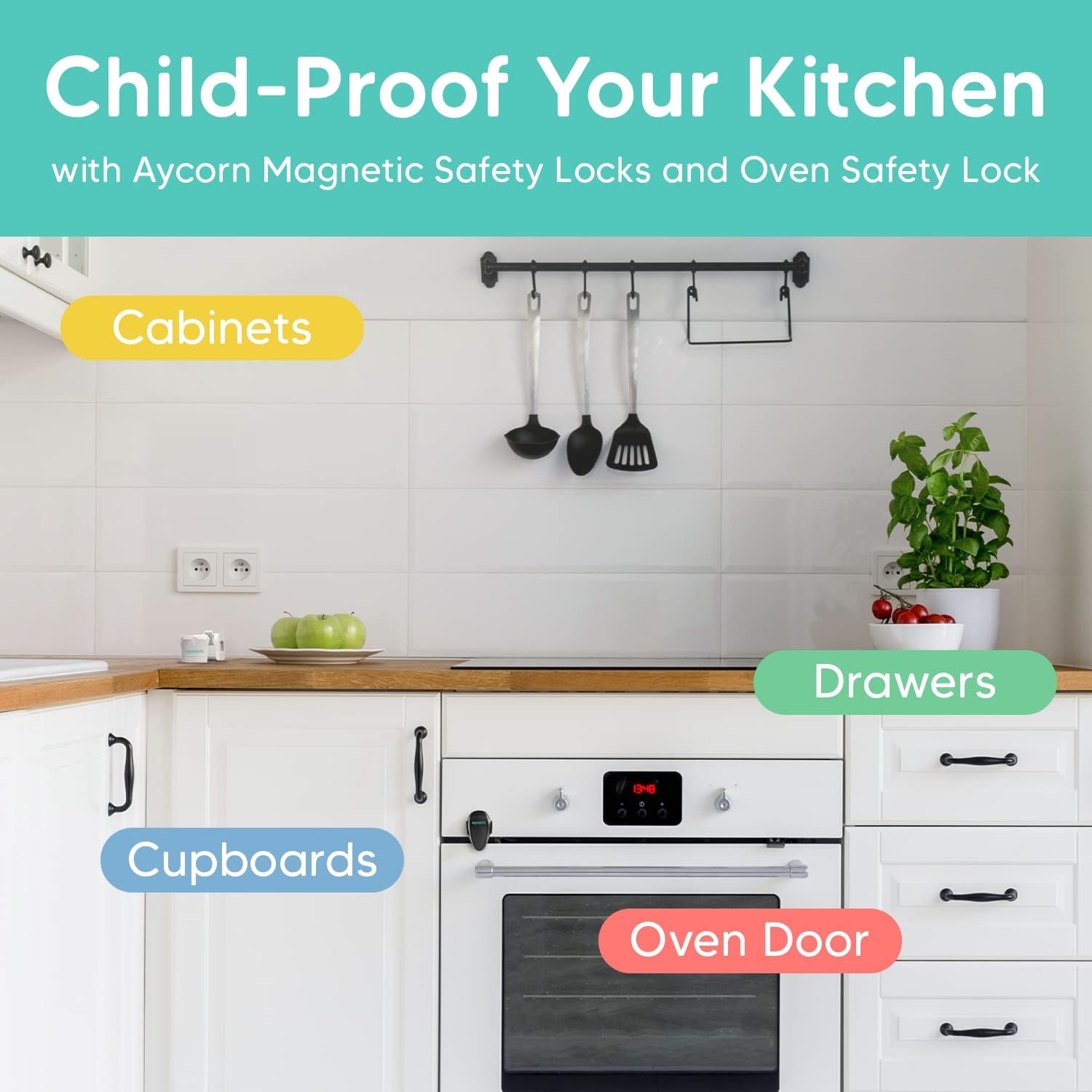 Detalle de AYCORN Magnetic Safety Cupboard Locks (10x) & Oven Lock (1x) with 2 Keys – Child Safety for Kitchen, Cabinets, and Drawers