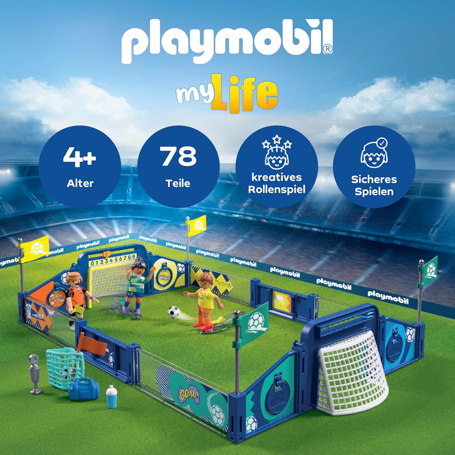 Detalle de PLAYMOBIL My Life Fussball-Arena 72056 – Spielfeld mit Schussmechanik und Schiedsrichter