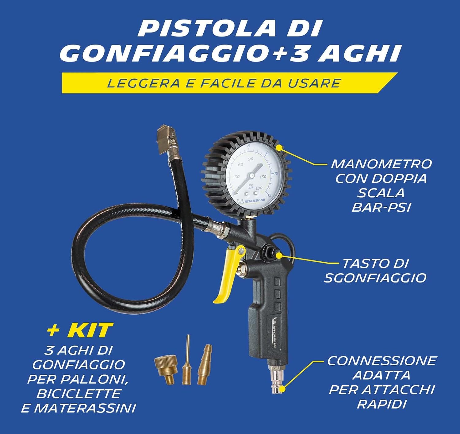 Thumbnail 2 de MICHELIN Pistola Gonfiaggio Pneumatici con 3 Ugelli – max 8 BAR, corpo in lega e manometro protetto