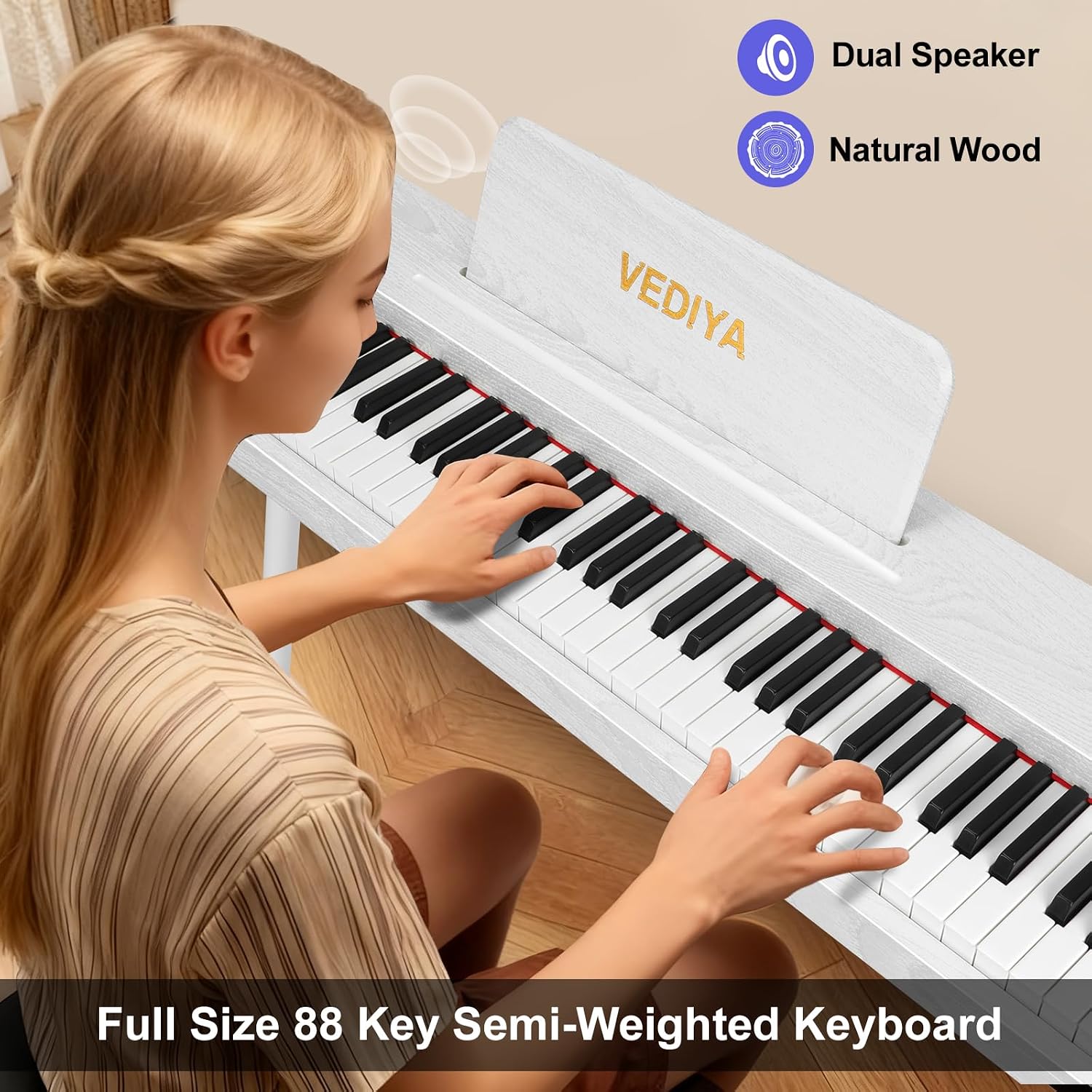 Detalle de Vediya VE28 88-Key Digital Piano with Semi-Weighted Keys and 600 Tones