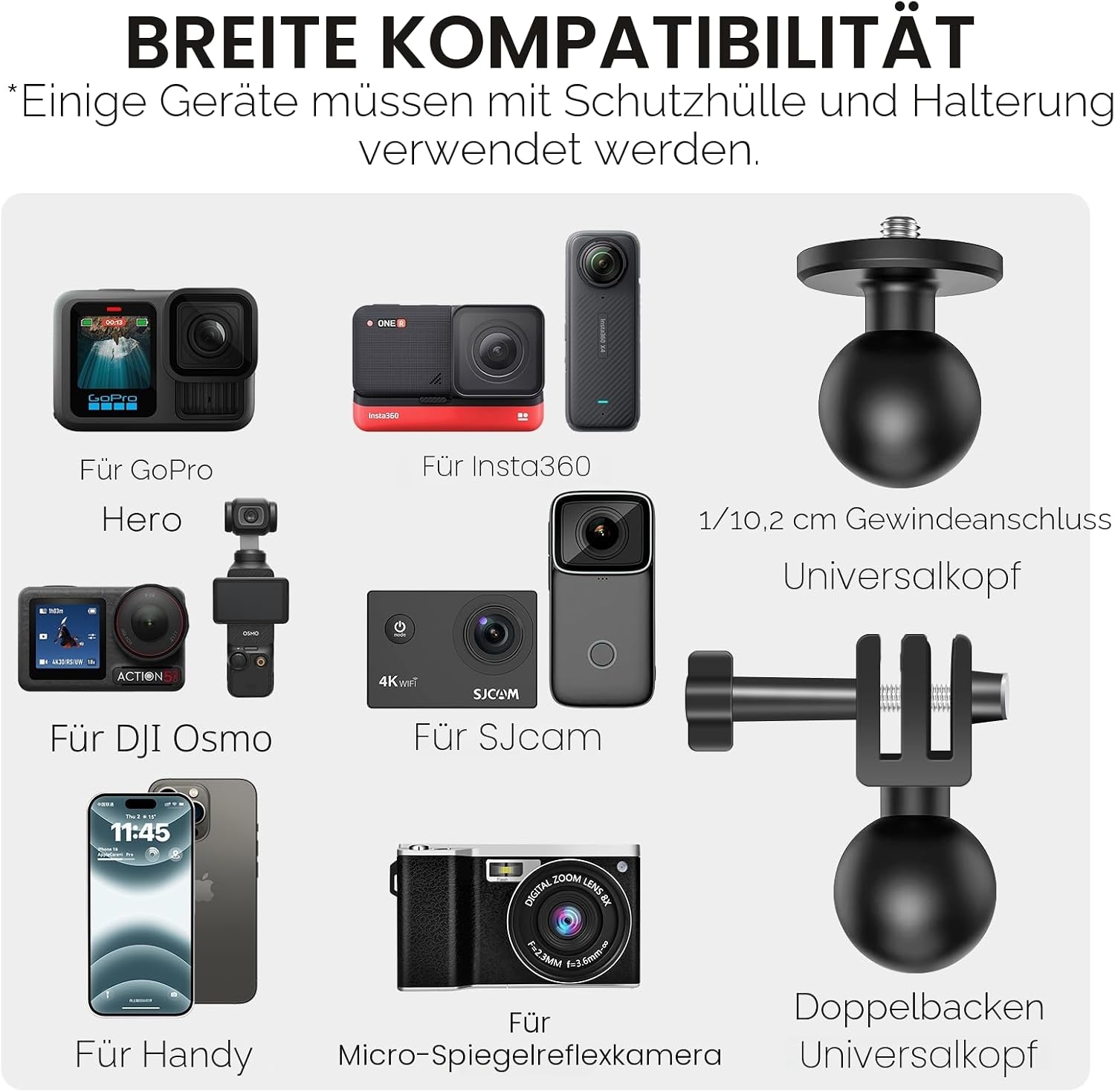 Detalle de REYGEAK Kamerahalterung: 360°-Dual-Kugelkopf, 1/4-Zoll-Schrauben, Fahrradlenkerhalterung mit Doppelklaue für GoPro Max/Hero 13–9