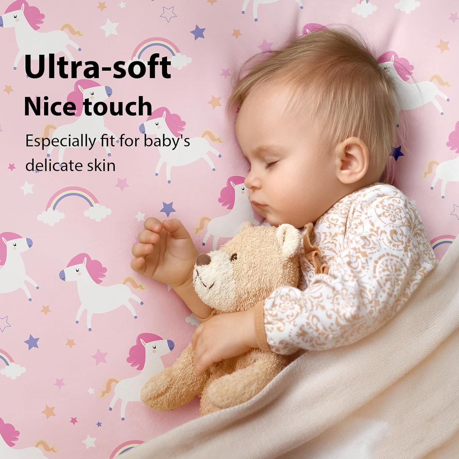 Detalle de FIEMOL Cot Bed Sheets 140 x 70cm Fitted (3 Pack) – Ultra-soft microfiber in Pink/Purple Rainbow