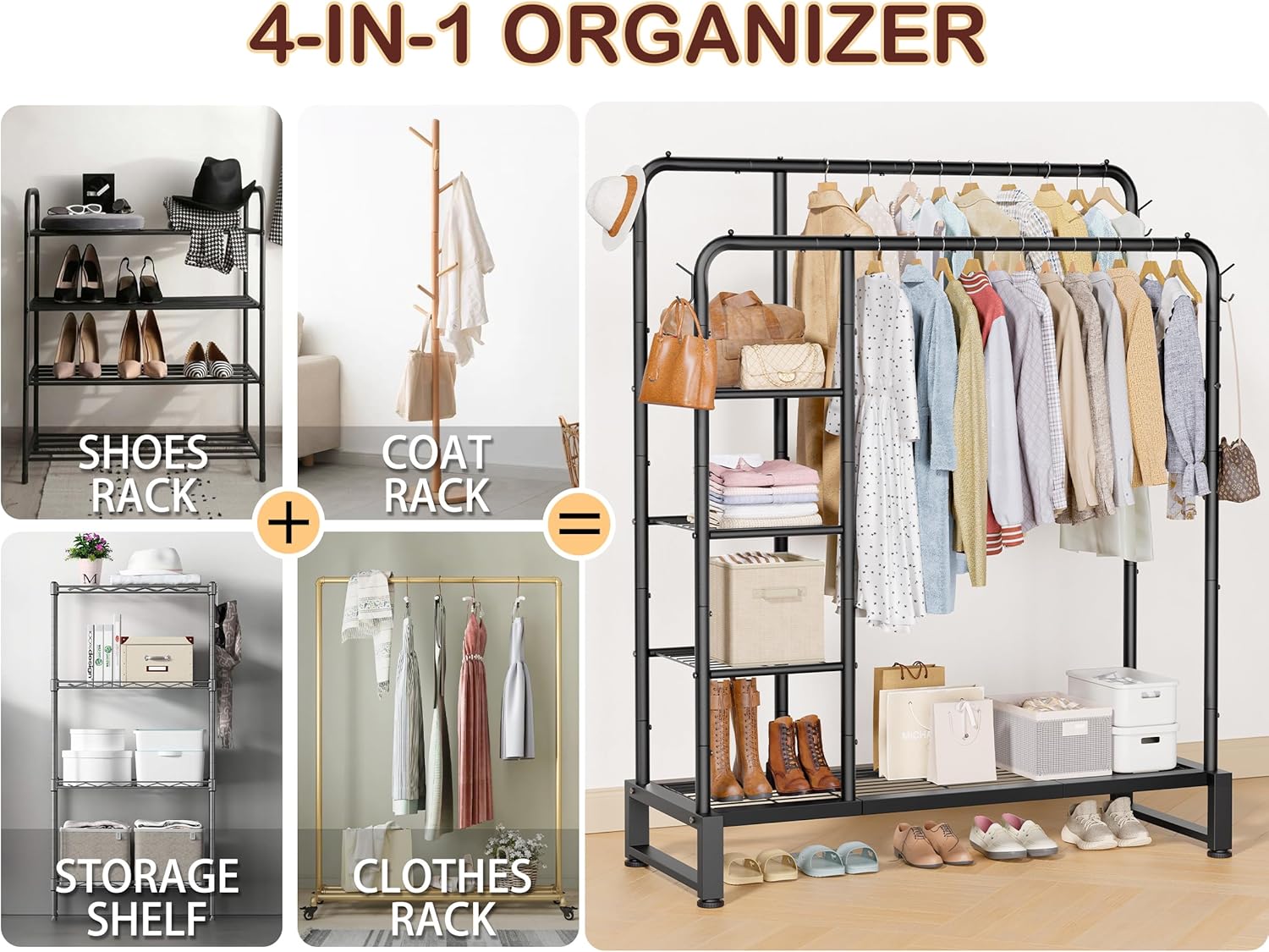 Thumbnail 3 de Double Rods Clothes Rack 4-Tier Organizer