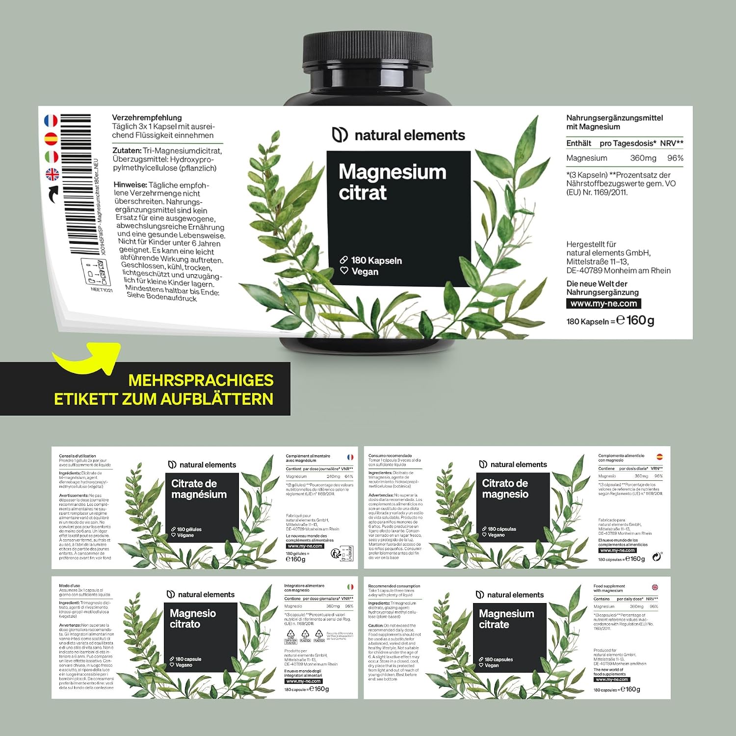 Thumbnail 5 de natural elements Magnesiumcitrat 360 mg Elementares Magnesium Tagesdosis Kapseln