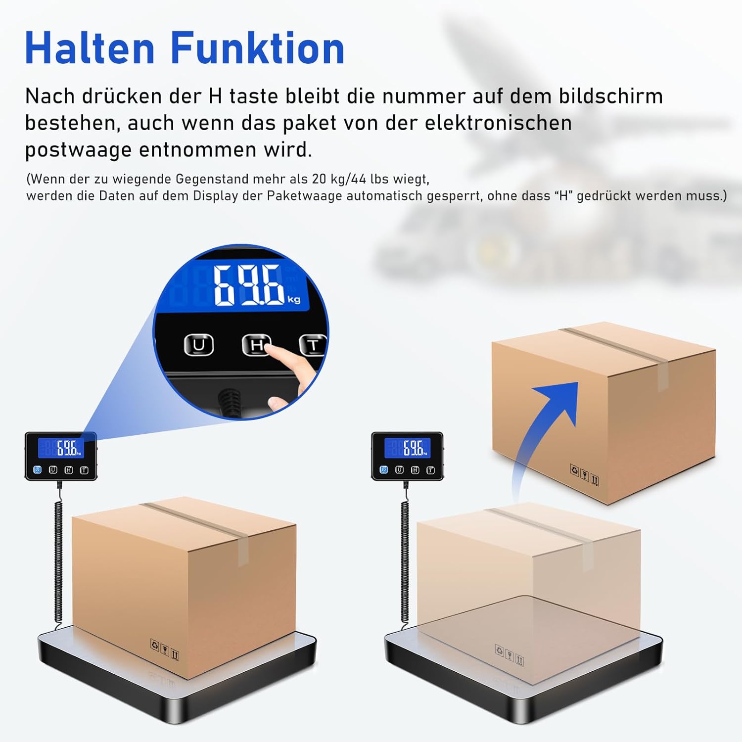 Detalle de Paketwaage mit LCD-Display, 200 kg / 10 g, Edelstahl-Plattform und Halte-/Tara-Funktion