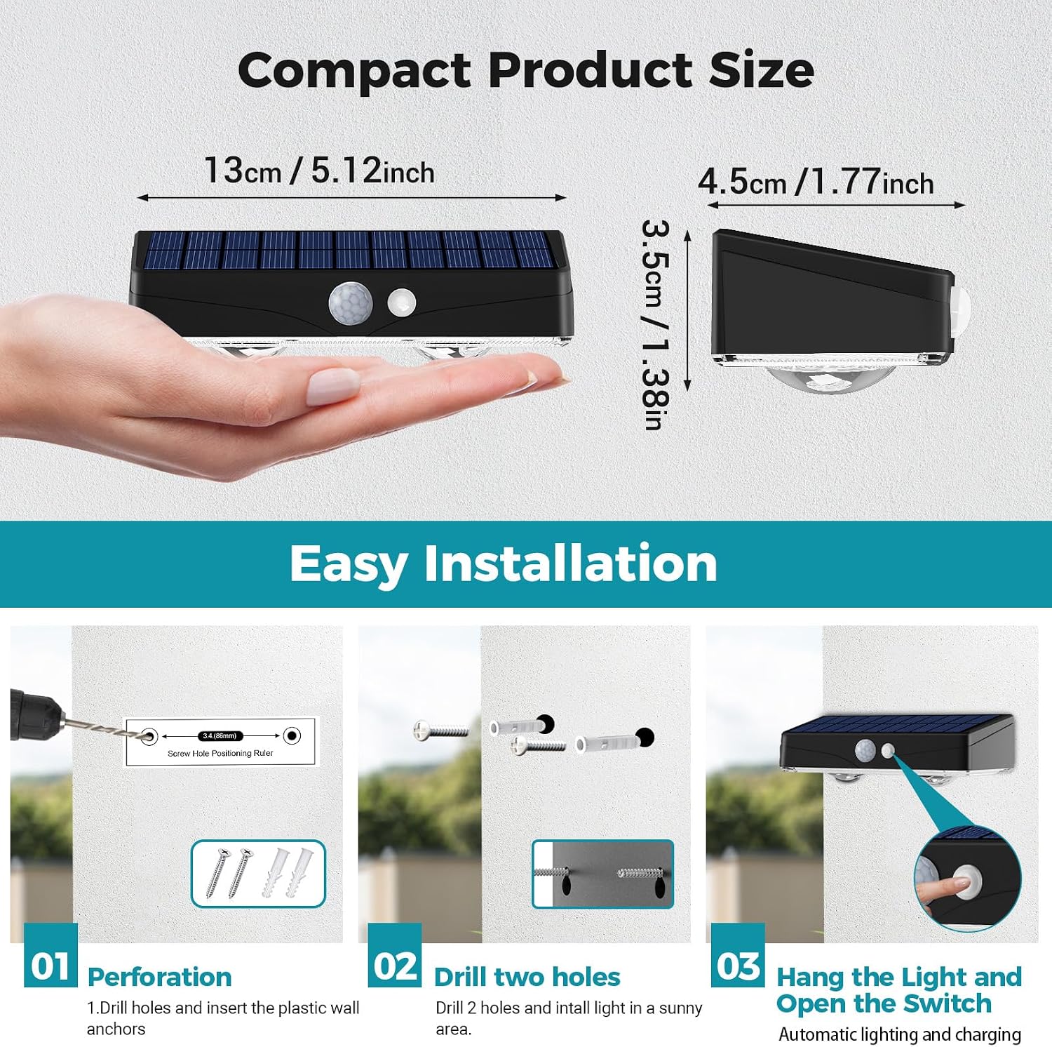 Thumbnail 6 de Kolpop 3-Mode Solar Fence Lights Outdoor Garden (2-Pack) with PIR Motion Sensor, Cool White, IP65