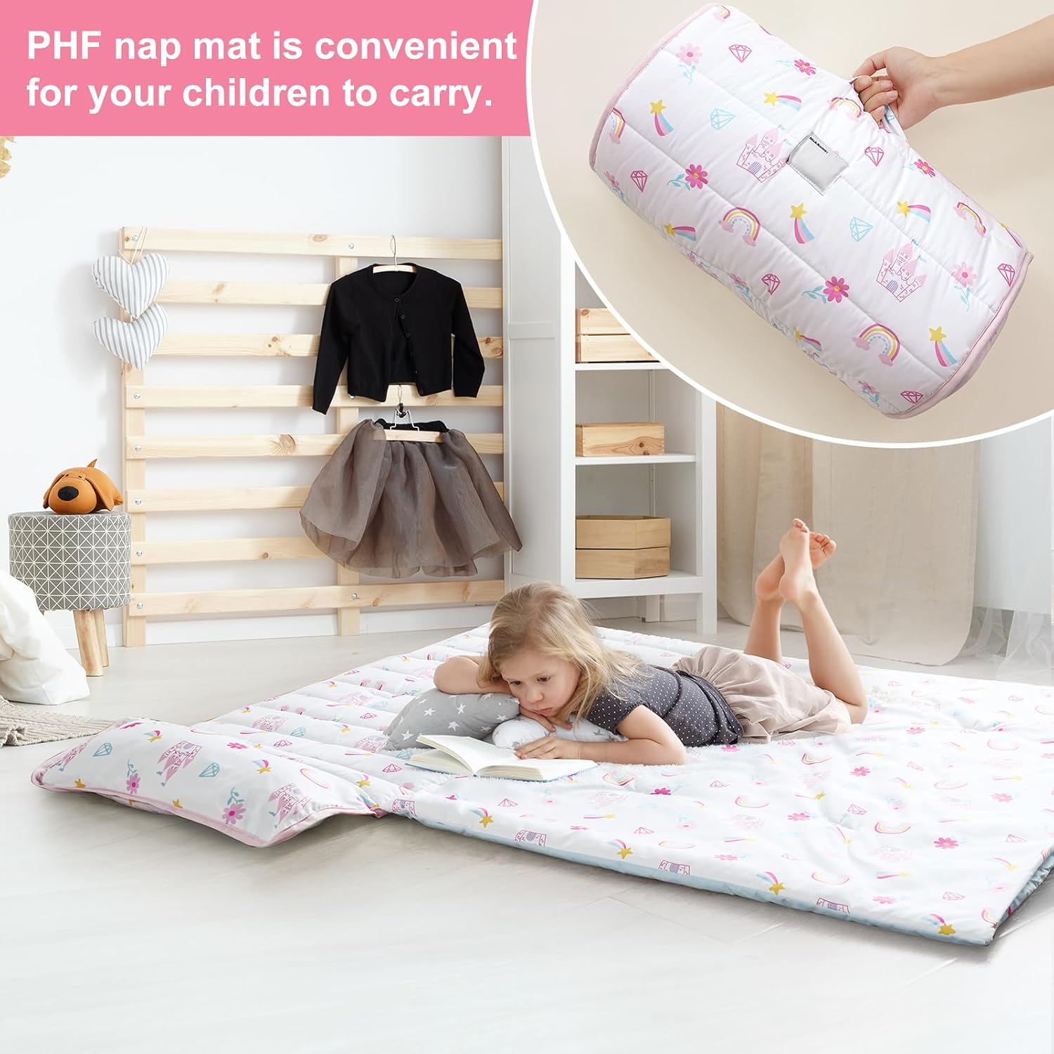 Detalle 1 de PHF Toddler Nap Mat with Removable Pillow, Roll-Up Design, Castle, 50" x 20