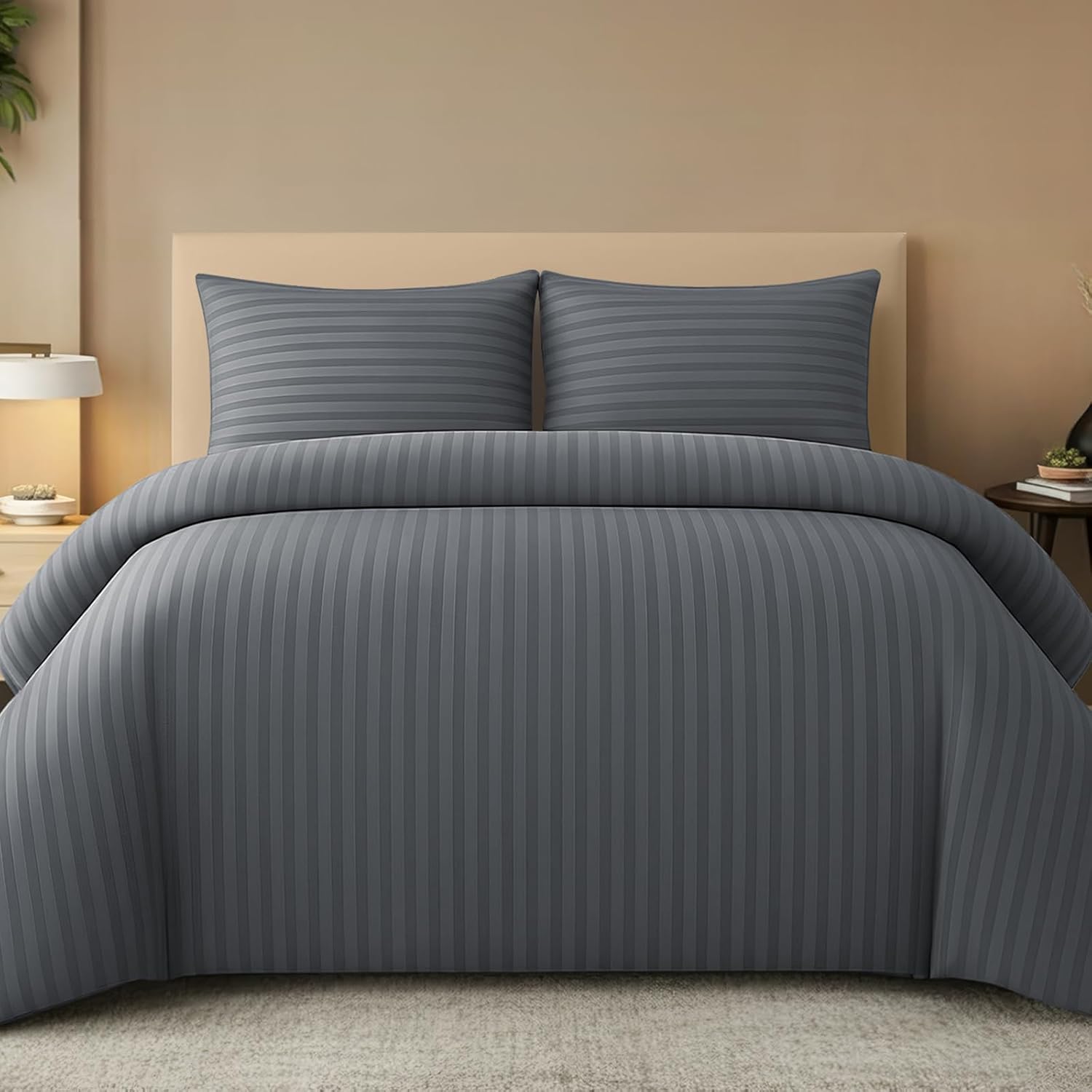 Detalle de Pamposh Satin Stripe Double Duvet Set – Premium Hotel Quality Microfibre Bedding