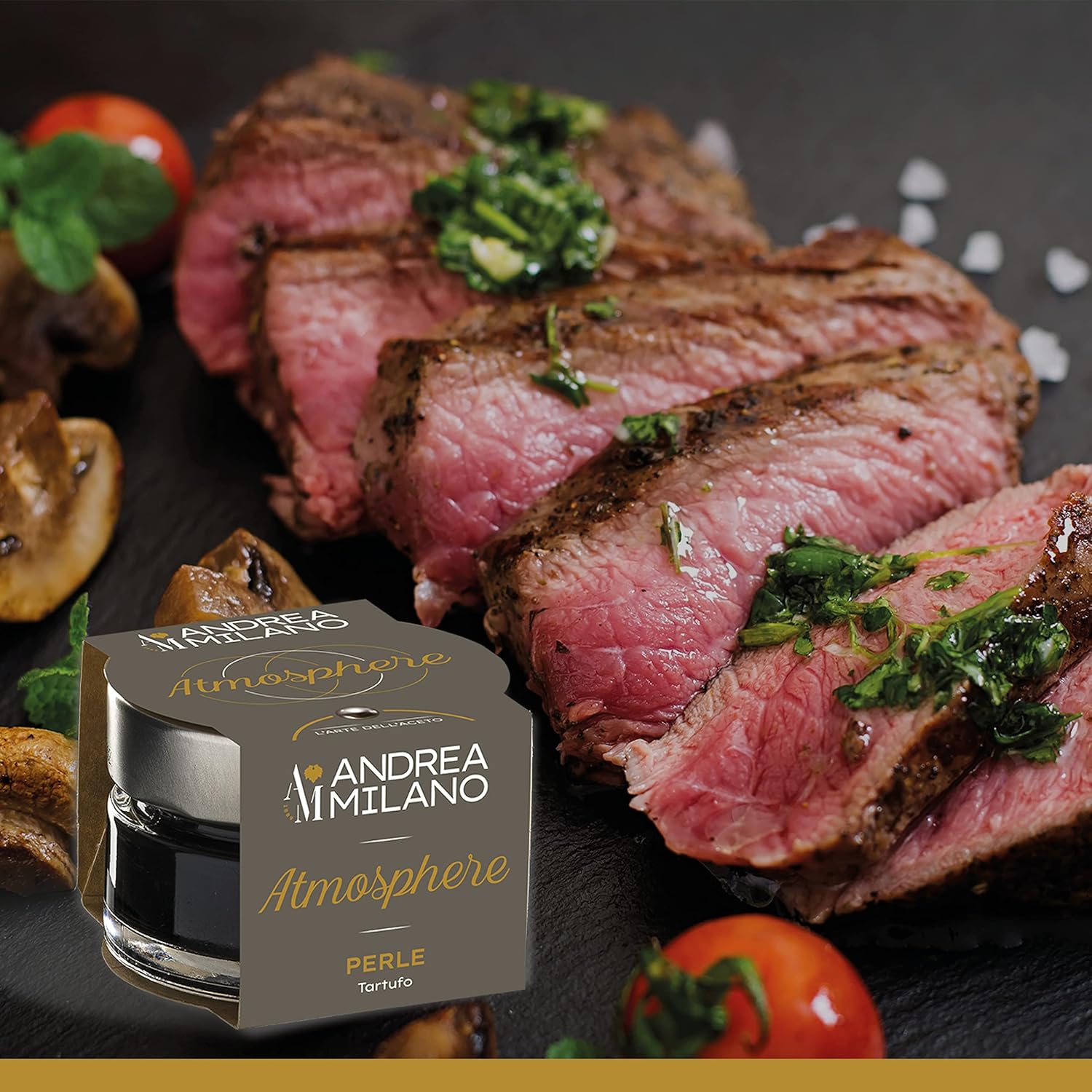 Detalle de Andrea Milano Perle di Aceto Atmosphere – Sfere Nere al Tartufo con Aceto Balsamico, 50 g