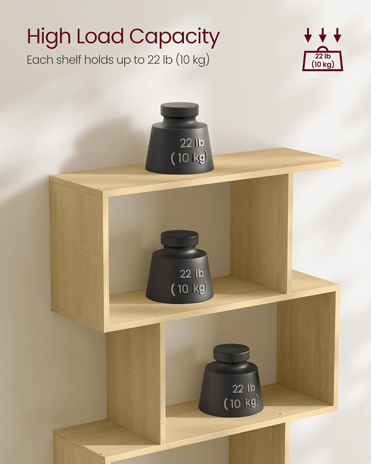 Detalle 2 de VASAGLE LBC061T70 6-Tier S-Shaped Bookcase, Natural Oak