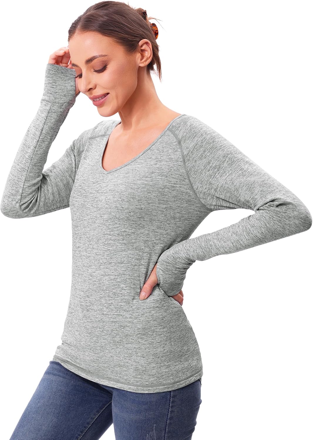Detalle de Wayleb maglia termica da donna con interno in pile e scollo a V – calda, versatile e comoda