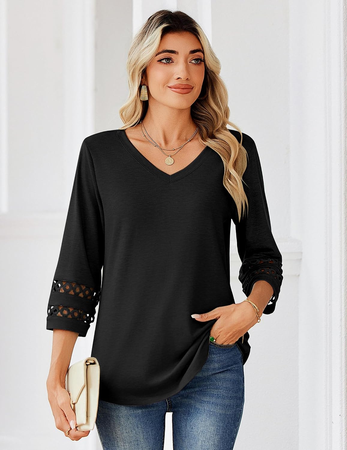 Detalle de Zeagoo Camicia Donna Elegante con Maniche 3/4 — Scollo a V, Tunica Estiva ampia