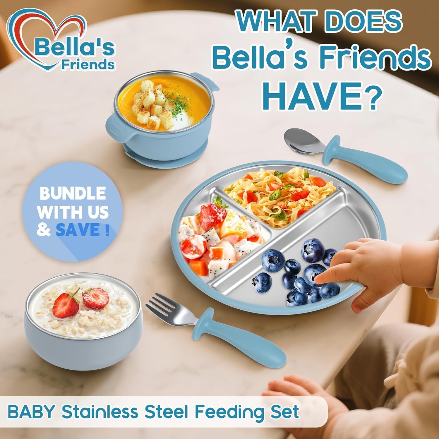 Detalle 2 de Bella's Friends Life 8-Inch Stainless Steel Toddler Plate with Silicone Suction Sleeve