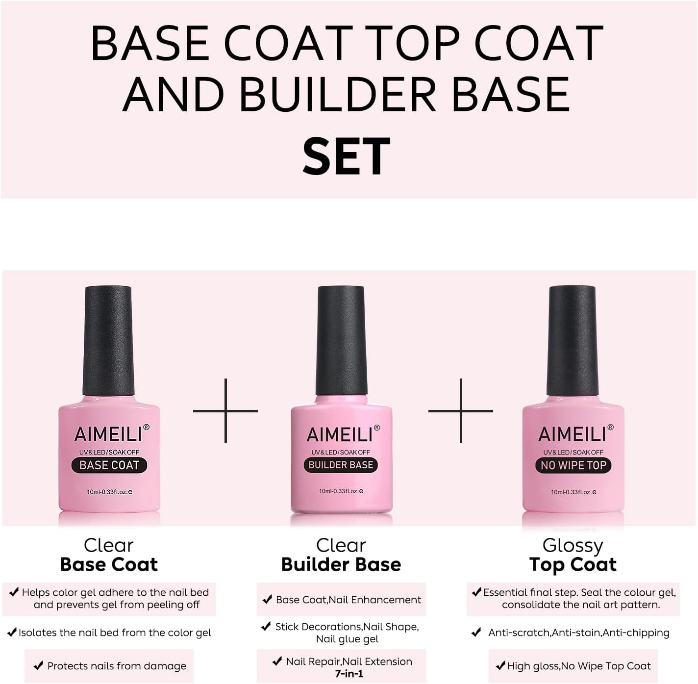 Detalle de AIMEILI Base Coat, Top Coat No Wipe e 7 in 1 Clear Builder Base Gel Kit – manicure semipermanente inGel UV/LED da 3x10ml