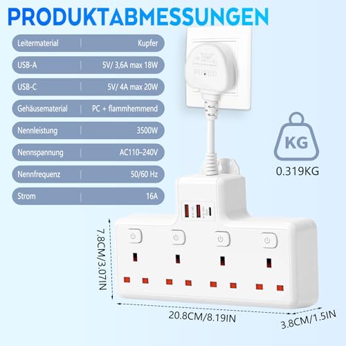 Detalle de BOSYTRO 7-in-1 Multi-Socket Power Strip with USB-C PD and USB-A Ports (4 UK Outlets)