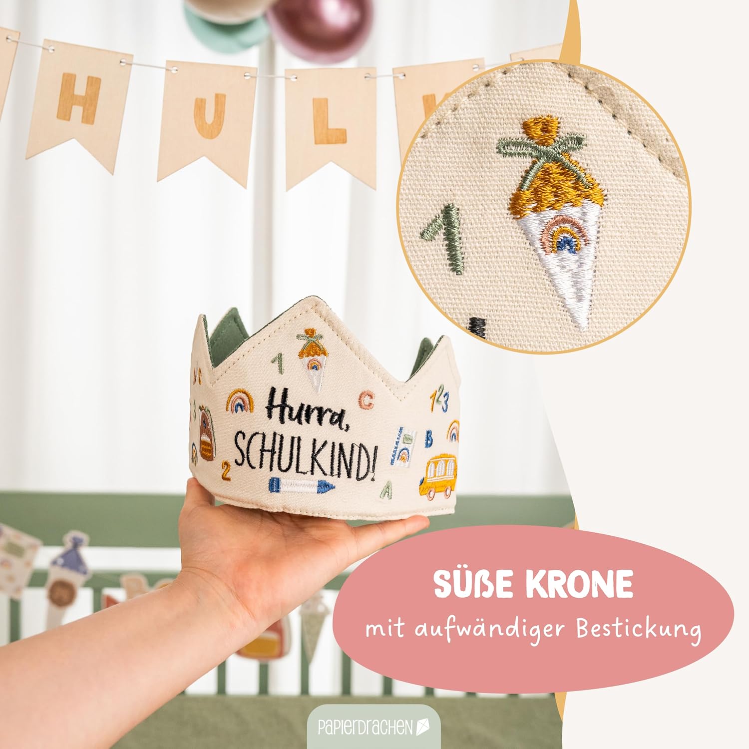 Detalle 2 de Papierdrachen Schulkind Krone – hochwertige, bestickte Krone für den Schulanfang