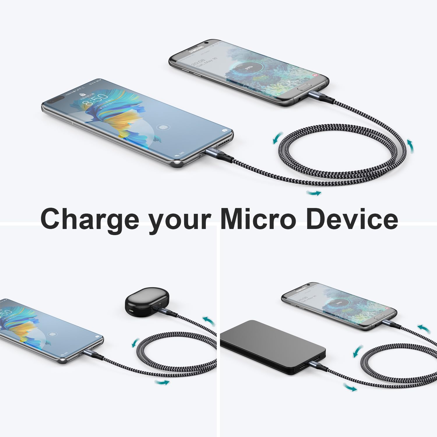 Detalle de 3BAO USB C auf Micro USB Kabel 4M – Nylon Geflochtenes Kabel mit USB-C zu Micro USB